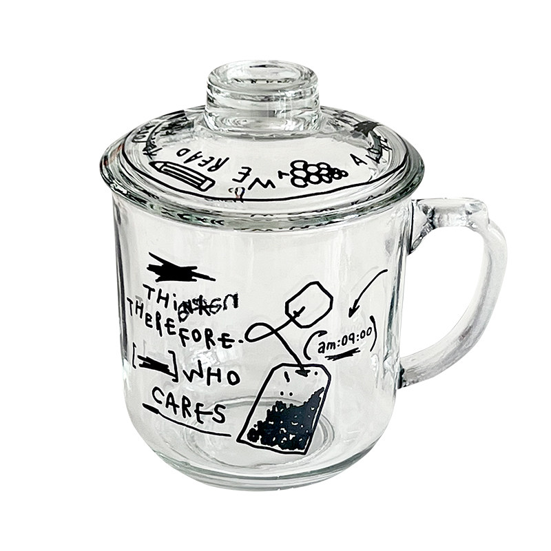 NANZA ins插画玻璃茶杯韩式水杯带盖咖啡杯牛奶杯中古杯冬季热饮