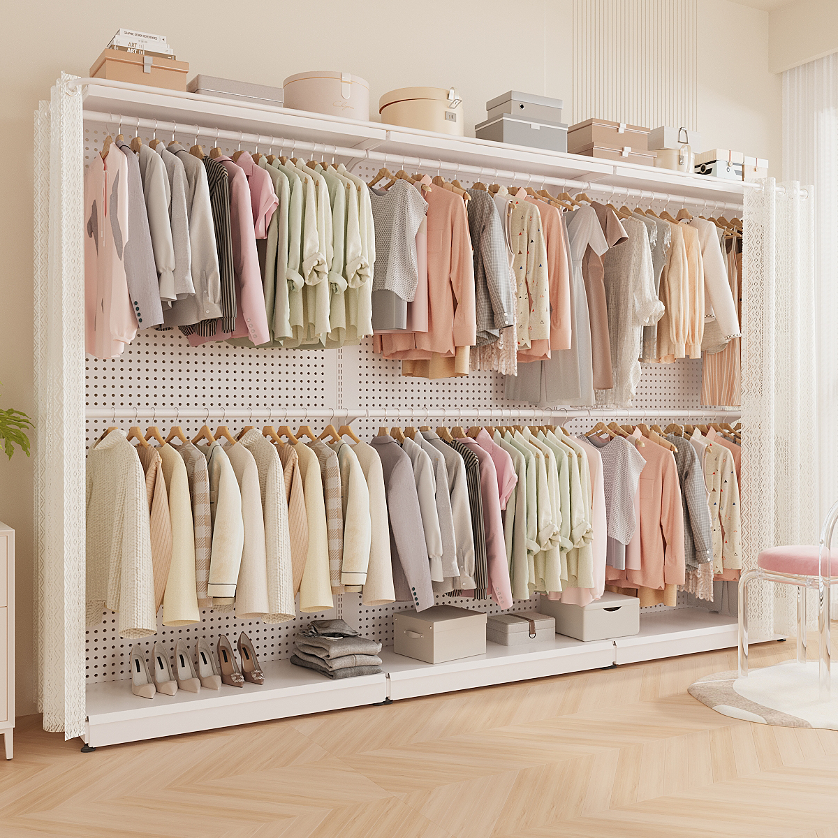 洞洞板衣柜一体卧室家用简易组装金属框架衣帽间防尘帘挂衣柜衣橱