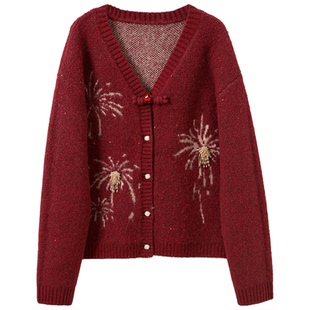 三彩【焰色流光】2026春季新款V领针织衫长袖宽松中式开衫外套C