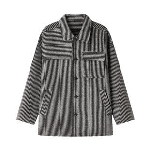 流石男装条纹双面呢翻领短款大衣2025年冬季新款男士时尚羊毛外套