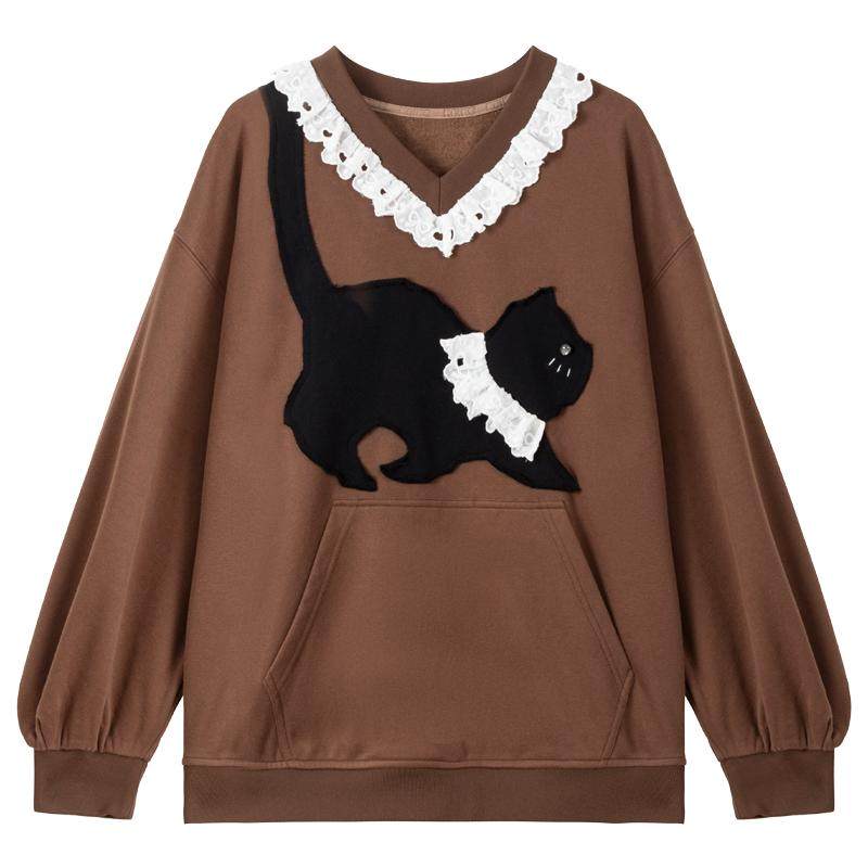 KEIKO加绒加厚V领萌猫蕾丝卫衣