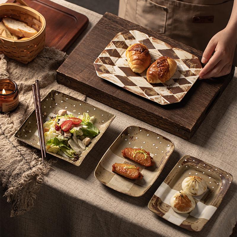 手绘中古7英寸方盘家用菜盘餐盘日式粗陶创意餐具高级感轻奢菜碟