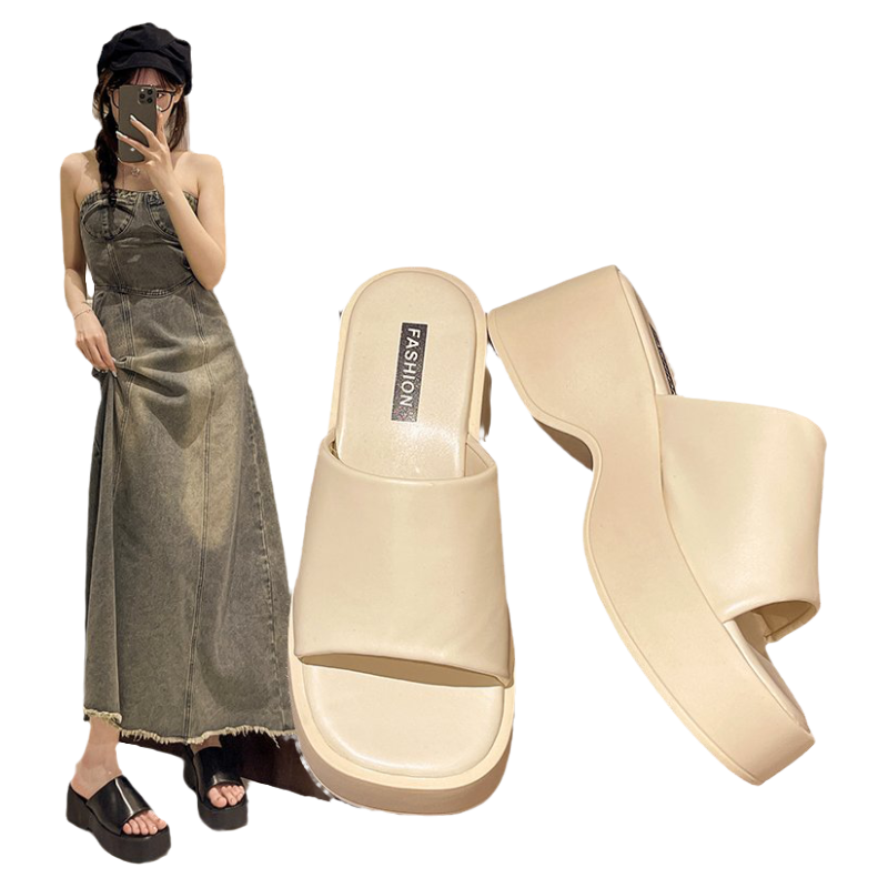 外贸银色一字拖鞋女夏外穿厚底8CM拖鞋2023年夏季爆款沙滩罗马鞋