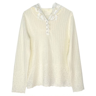 实穿率敲高！~珍珠扣蕾丝连帽打底衫女2025新款柔软白色羊毛上衣