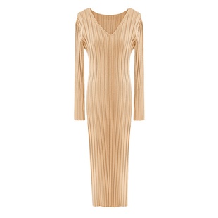 SYT自制 跑量v领坑条针织连衣裙女秋冬新款绑带收腰简约打底裙子