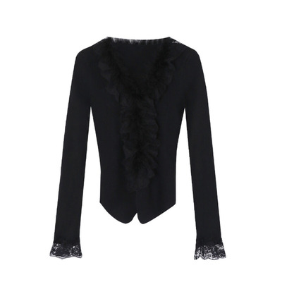 高级感V领蕾丝花边针织衫上衣女