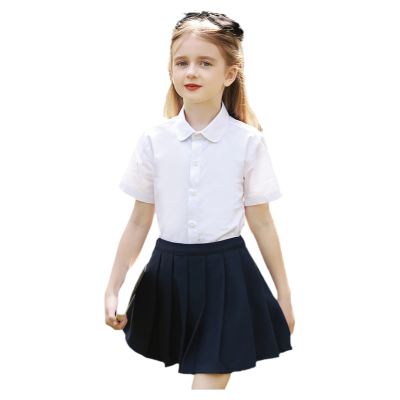 罗蒙女童短袖白色衬衫小学生表演出纯校园服儿童棉半袖衬衣学院风