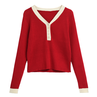 v领针织衫女修身洋气减龄短款