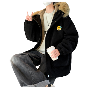 灯芯绒复古中长款棉衣加绒加厚牛仔外套男士青少年学生潮牌派克服