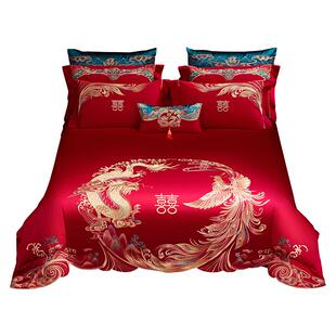 水星家纺60S长绒棉结婚四件套全棉刺绣婚庆陪嫁套件大红色被套
