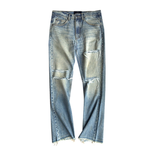 TecNineGroup（TNG）JEANS 01刀割破坏水洗做旧Slim直筒牛仔裤蓝