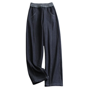 撞色腰头松紧腰加绒加厚保暖仿牛仔宽松休闲裤女长裤子M983