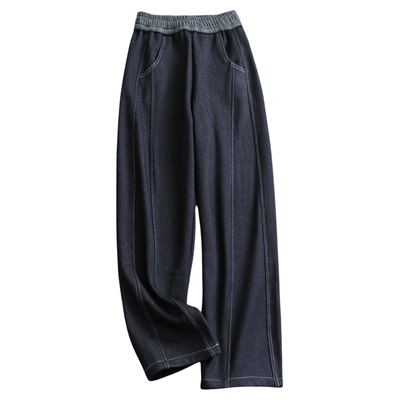 撞色腰头加绒含羊毛仿牛仔休闲裤