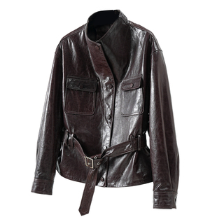 王珞丹同款高级感油蜡羊皮束腰工装真皮皮衣2026春秋季新款皮夹克