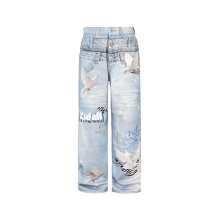 KZDALL原创设计白鸽打印牛仔裤刺绣美式街头休闲百搭宽松长裤男女