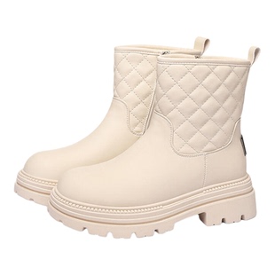 品牌撤柜真皮厚底雪地靴女25新款冬季加绒保暖白色短靴菱格纹棉鞋