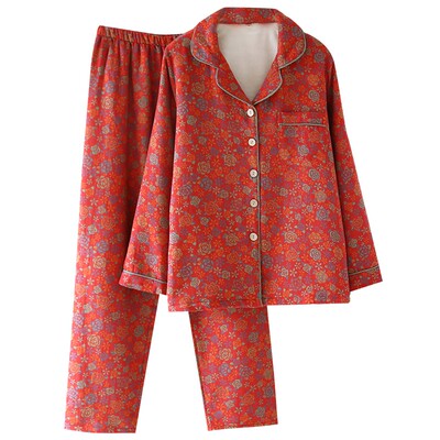 色织纯棉加厚睡衣女秋冬季双层纱布加绒家居服套装复古妈妈装大码