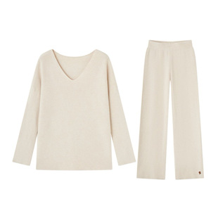 SOMESOWE 官方授权 时尚套装女华夫格针织V领上衣休闲长裤两件套