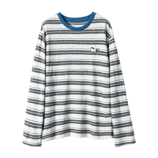 淘么淘【条纹心语】撞色立体小马贴布宽松休闲圆领长袖针织T恤女