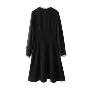 Theory Tommy秋季23三醋酸小黑裙高端气质灯笼袖中长款黑色连衣裙