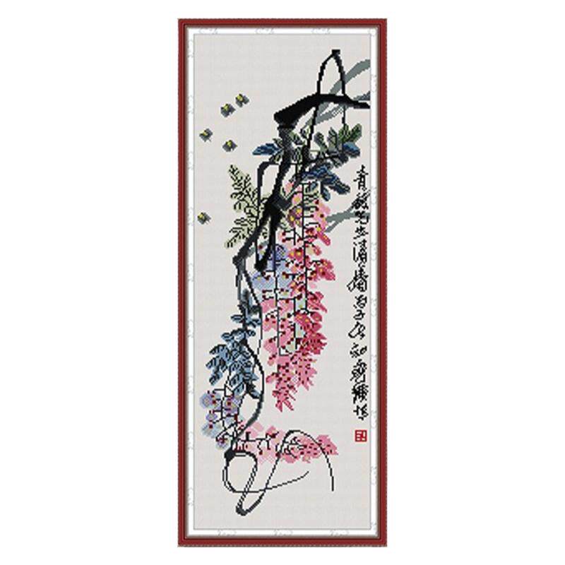 水墨国画竖版紫藤花十字绣客厅竖