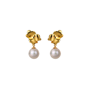 【12月上新】白岚葫芦叶珍珠耳钉925银女耳夹耳饰气质饰品ED4842