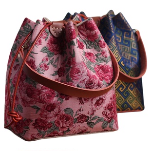 高款皮抽绳水桶手工包包diy自制材料古风新中式宋锦包包自制