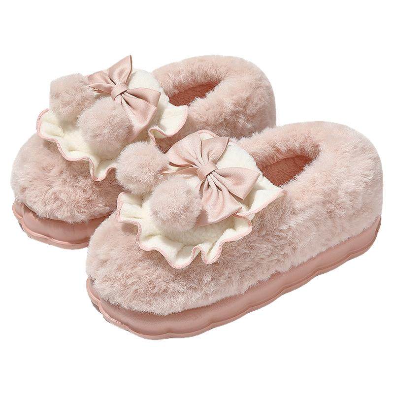 蝴蝶结棉拖鞋女士秋冬季2025新款室内家居防滑厚底保暖毛绒棉鞋女