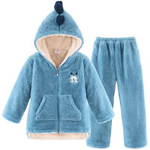 巴布豆儿童睡衣男童冬季加绒加厚女童家居服法兰绒宝宝珊瑚绒恐龙