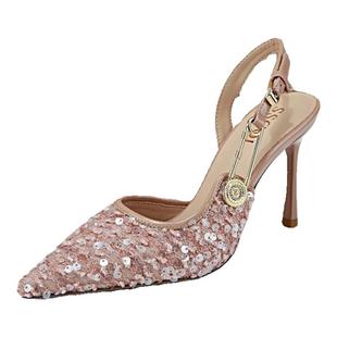 尖头细跟高跟鞋女亮片布面凉鞋2025年新款一字扣包头宴会鞋单鞋