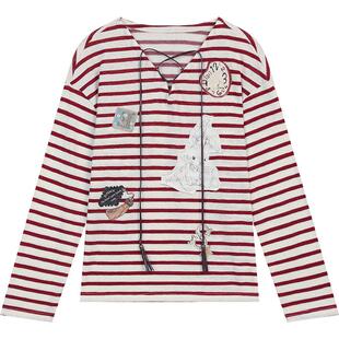 妖精的口袋复古条纹系带针织衫女2026早春慵懒风宽松休闲红色上衣