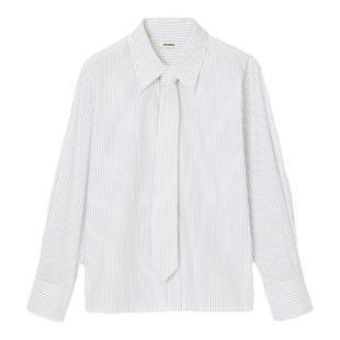 季末6折SANDRO博主同款2025秋冬新款女装白色可拆卸领带条纹衬衫