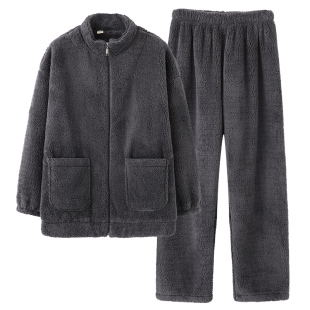 珊瑚绒男士爸爸两件套加厚法兰绒保暖睡衣中老年人冬季套装可外穿