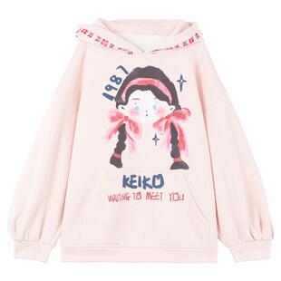 KEIKO 甜系小女孩印花粉色加绒卫衣秋季多巴胺织带饰连帽宽松外套