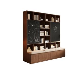 橡木定制卡座书柜书架一体客厅满墙全实木儿童书房黑板深胡桃柜子