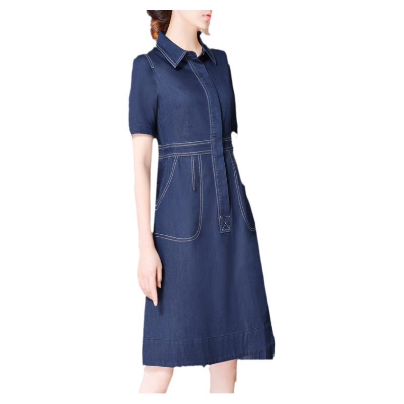 牛仔连衣裙夏季短袖翻领女装韩版显瘦高腰裙子A字裙中长款