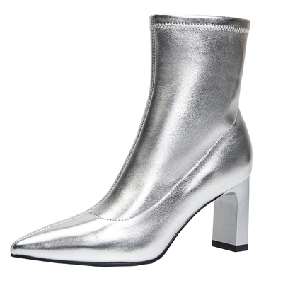 韩国时装周百田森冬季高跟鞋靴子女小个子瘦瘦靴白色短靴真羊皮靴