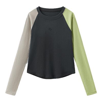 CLOUDSPACE【城市绿野】撞色拼接显瘦短款插肩袖长袖女T恤春季女