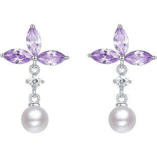 周六福耳饰女S925银淡水珍珠鸢尾花耳钉花朵耳环送女友本命年礼物