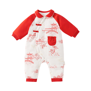 全棉时代婴儿连体服新生儿宝宝拜年红色连体服A类喜庆外出爬服