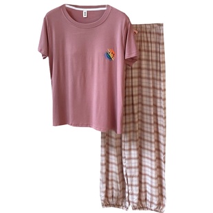 2025新款休闲带胸垫家居服女款夏季可外穿短袖长裤莫代尔睡衣套装