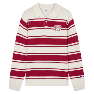 【马年系列】Champion冠军红色毛衣男26春季新款翻领条纹针织衫女