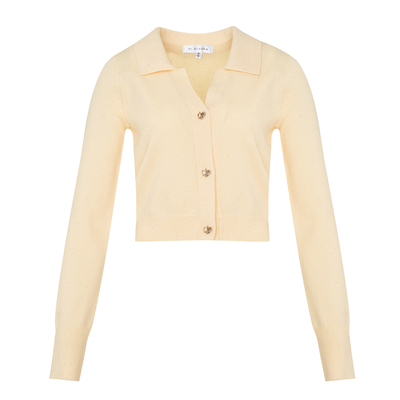 Kroche  超细羊毛 水仙黄 微闪亮片 翻领针织毛衣开衫