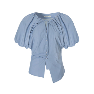 UNSPOKEN法式短袖衬衫女设计感小众绑带收腰灯笼袖高级感气质上衣