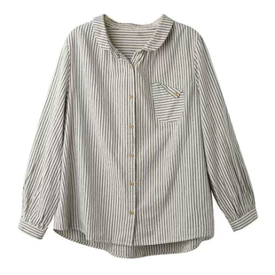 谷家 彼得潘领复古棉麻长袖衬衫女 原创文艺2026春季新款条纹上衣
