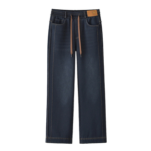 中老年妈妈加绒松紧高弹针织牛仔裤女新款中老年宽松阔边直筒裤