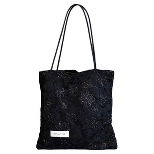 黑色蕾丝单肩包大容量小众包包复古通勤新款布袋女士春夏帆布包