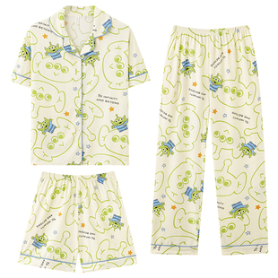 2025年三眼仔睡衣女夏季纯棉三件套装短袖短裤长裤夏天薄款家居服