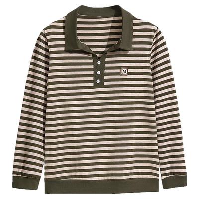 春树缘纯棉条纹翻领T恤女打底衫