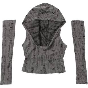 SylCue 沙丘废土风性感辣妹连帽上衣女露肩显瘦设计感短款t恤小众